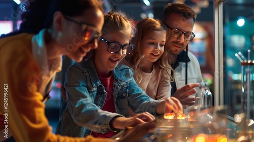 Excited children and adults interact with engaging exhibits at a fun science museum, fostering curiosity and learning.