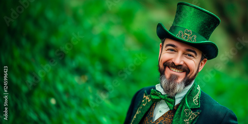 st. patrick's day. smile. a man with Leprechaun hat. green background photo