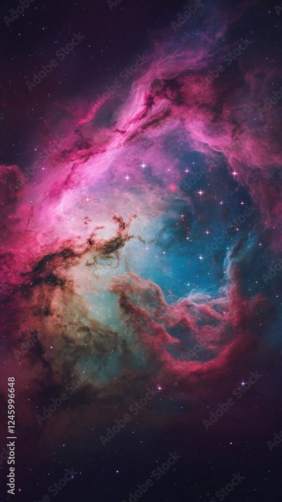 Vibrant nebula in deep space showcasing vivid pink and blue hues with scattered stars. Vibrant nebula in deep space showcasing vivid pink and blue hues with scattered stars.