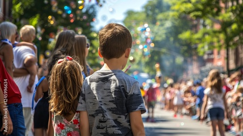 Children watching a vibrant parade, captivated by colorful sights and joyful moments in a lively street atmosphere.