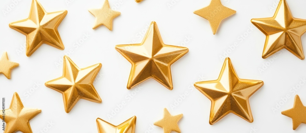 Golden stars and decorative ribbons arranged on a white background with ample empty space for personalized text or messages. Golden stars and decorative ribbons arranged on a white background with ample empty space for personalized text or messages.