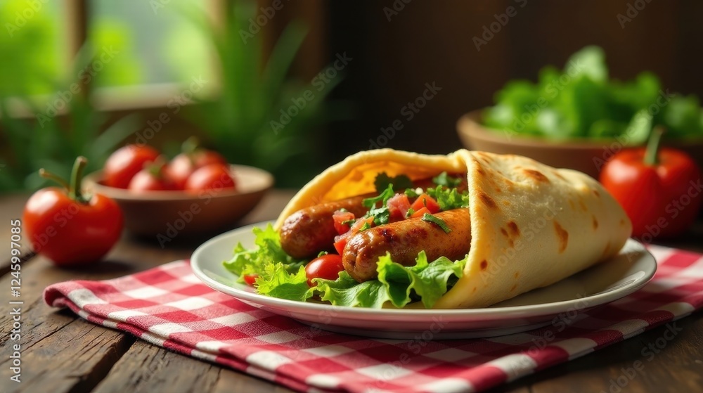 Savory Grilled Sausage in a Warm Flatbread Wrap with Fresh Greens and Tomatoes Savory Grilled Sausage in a Warm Flatbread Wrap with Fresh Greens and Tomatoes