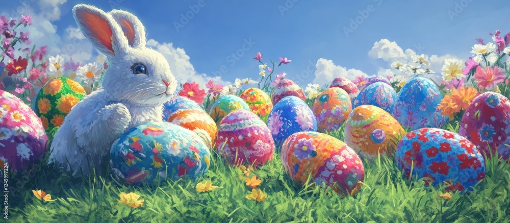 Colorful Easter eggs and a cute bunny in a vibrant spring landscape celebrating the joy of Easter festivities and traditions. Colorful Easter eggs and a cute bunny in a vibrant spring landscape celebrating the joy of Easter festivities and traditions.