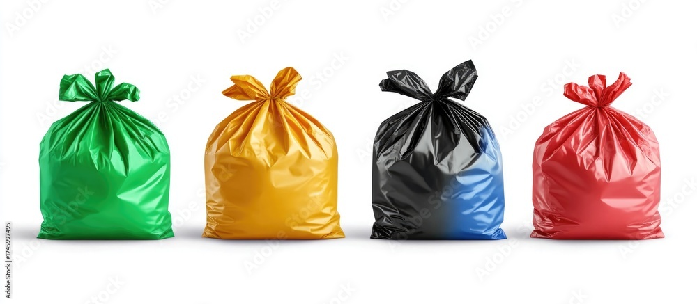 Colorful garbage bags pack mockup with transparent clipping paths for design showcasing waste management and environmental solutions. Colorful garbage bags pack mockup with transparent clipping paths for design showcasing waste management and environmental solutions.