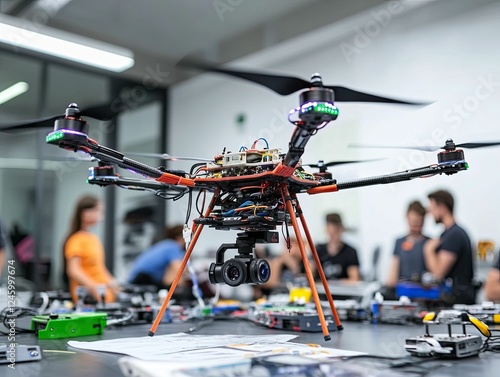 Multirotor drone with camera, electronics, workspace.