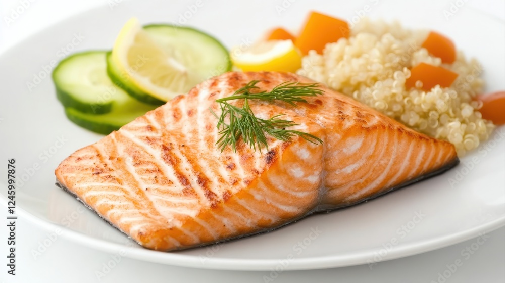 A delicious plate featuring grilled salmon, garnished with dill, served with quinoa, cucumber slices, and lemon wedges. A delicious plate featuring grilled salmon, garnished with dill, served with quinoa, cucumber slices, and lemon wedges.