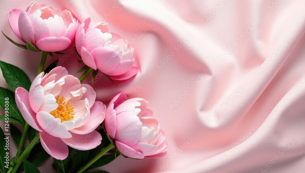 Fototapeta premium Delicate pink and white peonies against a smooth silk surface, peonies, lush
