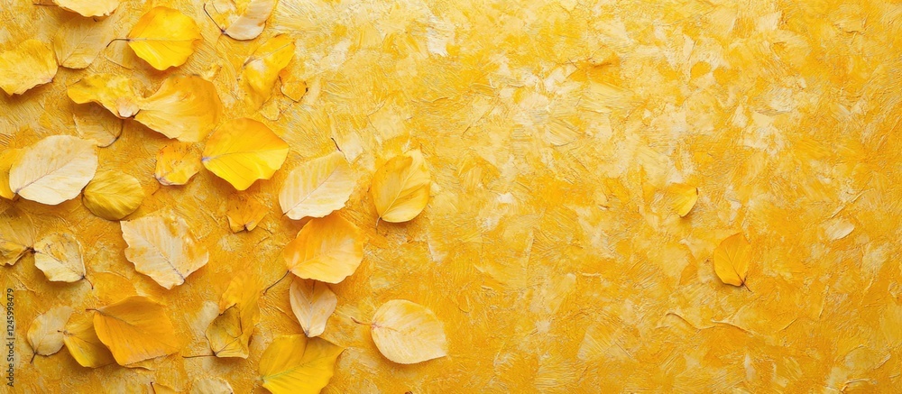 Autumn leaves scattered on a vibrant yellow background evoking a serene October mood and the beauty of the fall season. Autumn leaves scattered on a vibrant yellow background evoking a serene October mood and the beauty of the fall season.