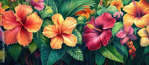 Wallpaper Mural Vibrant close-up of tropical hibiscus flowers surrounded by lush green foliage in a Florida garden setting. Torontodigital.ca