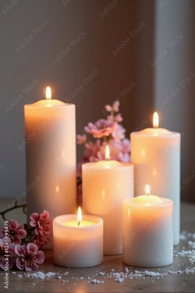 Group of white taper candles, frosted glass holders, candle holder, christmas Group of white taper candles, frosted glass holders, candle holder, christmas