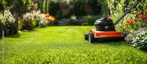 Vibrant Green Lawn in Sunny Garden with Lawn Mower and Space for Text or Design Elements photo