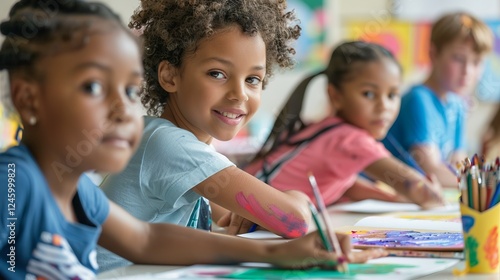 A group of diverse children engaged in creative art activities, showcasing happiness and teamwork in a classroom setting.