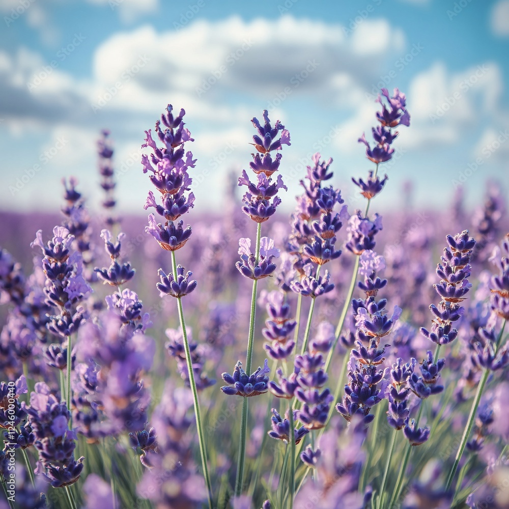 Naklejka premium Lush Lavender Field Under Beautiful Cloudy Sky in Summer Season