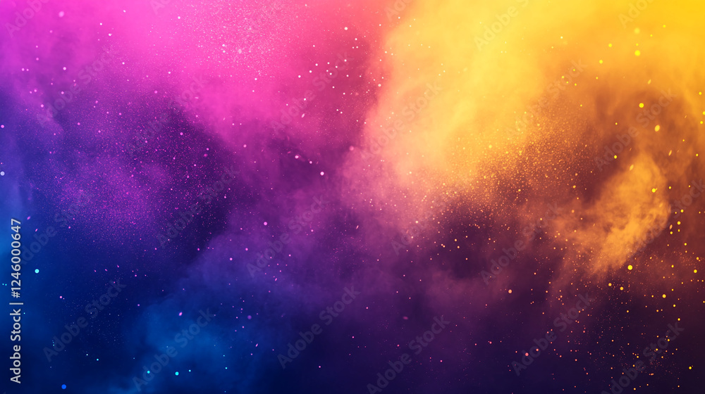 Naklejka premium Abstract colorful background of purple, yellow, and blue hues with floating particles and dust in the air, symbolizing creativity, energy, and vibrant atmosphere.