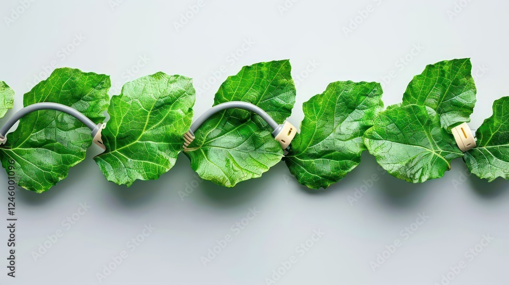 Green leaves intertwined with electrical cables on a light background, symbolizing nature and technology Green leaves intertwined with electrical cables on a light background, symbolizing nature and technology