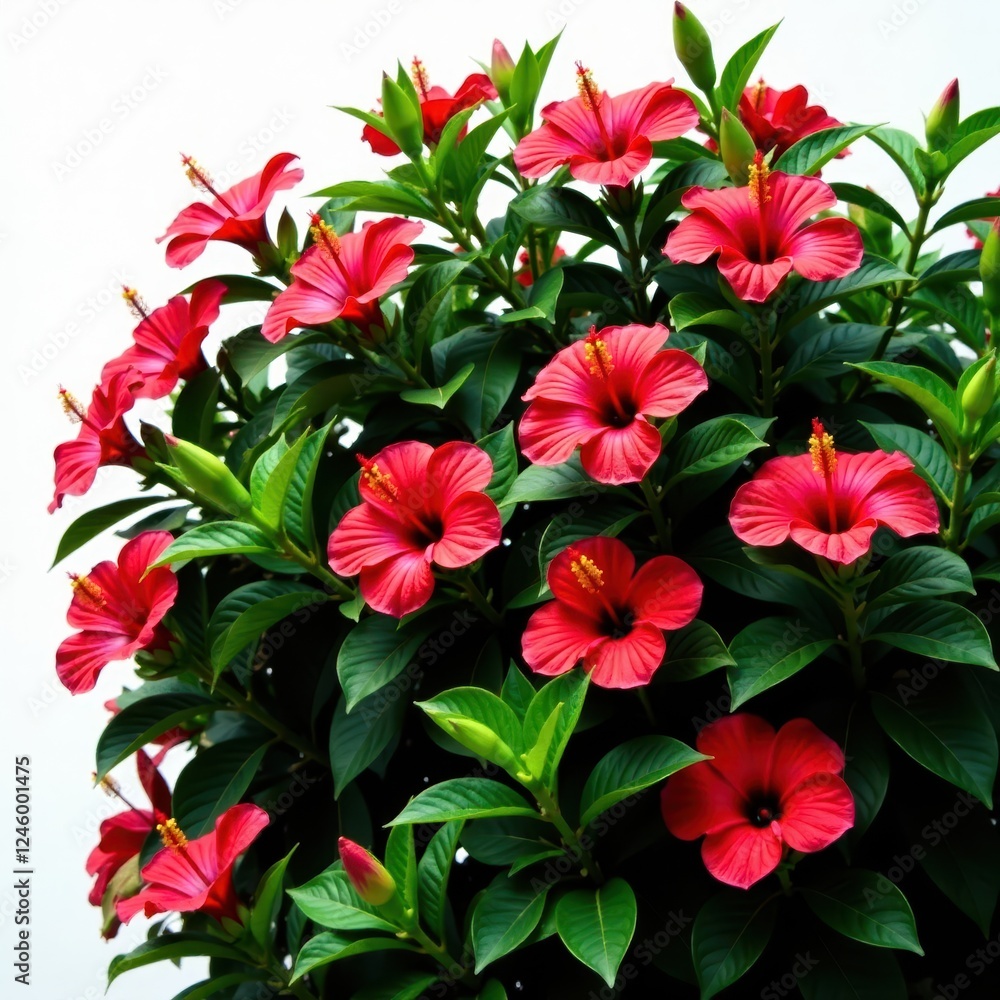 Obraz premium Lush tropical hibiscus bush, vibrant blooms, isolated , flora, vibrant