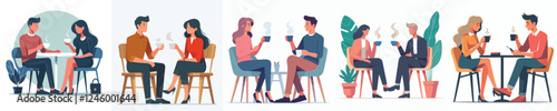 vector set of young couple sitting drinking coffee