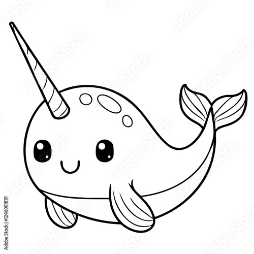 hand drawn kawai whale with horn coloring page vector illustration