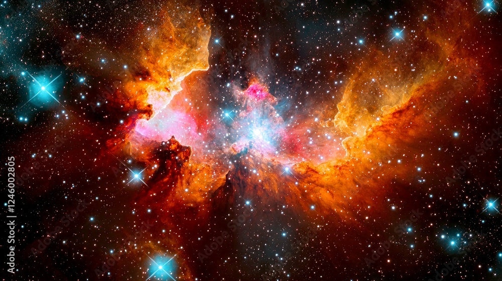 Naklejka premium Cosmic Nebula: A breathtaking view of vibrant celestial clouds and distant stars in the vast expanse of space. A stunning display of cosmic wonders.