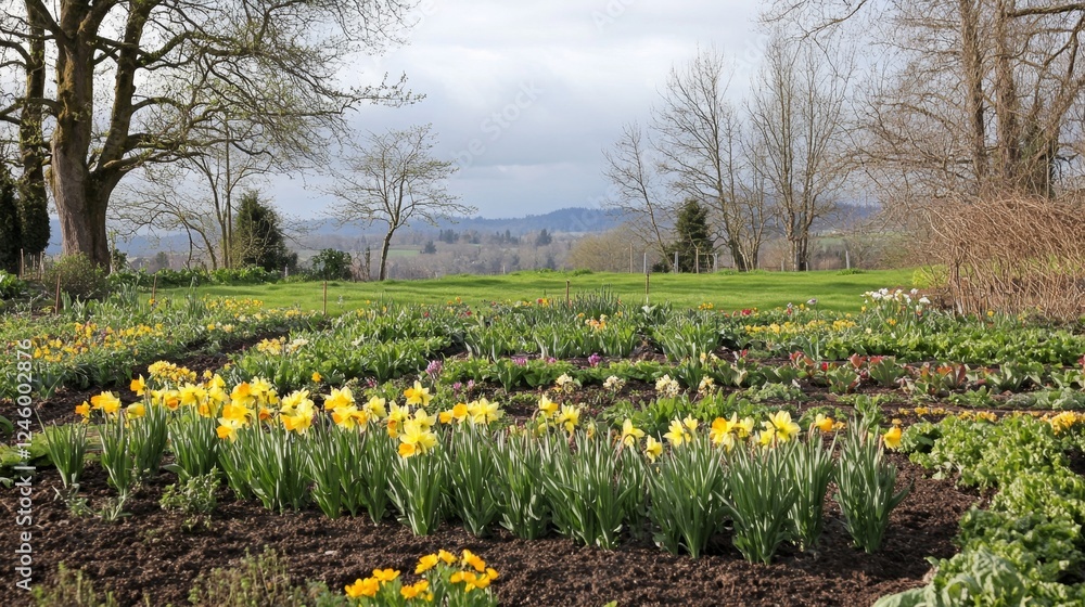 Fototapeta premium Spring Garden with Daffodils and Blossoms