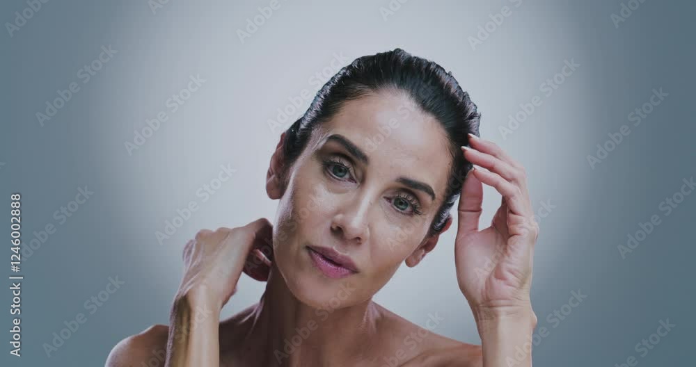 Skincare, serious and face of woman in studio with natural beauty, fine lines reduction treatment or dermatology. Space, spotlight and person with skin glow or self care confidence on gray background Skincare, serious and face of woman in studio with natural beauty, fine lines reduction treatment or dermatology. Space, spotlight and person with skin glow or self care confidence on gray background