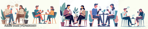 vector set of young couple sitting drinking coffee