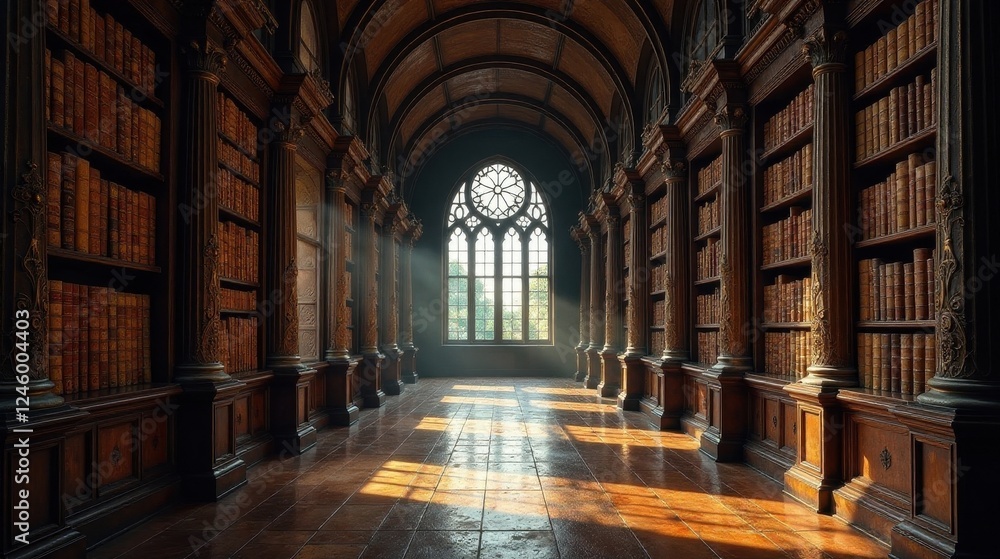 Sunlight streams through a grand arched window illuminating a long hallway lined with ornate wooden bookshelves filled with antique leather-bound volumes, creating a serene and scholarly atmosphere. Sunlight streams through a grand arched window illuminating a long hallway lined with ornate wooden bookshelves filled with antique leather-bound volumes, creating a serene and scholarly atmosphere.