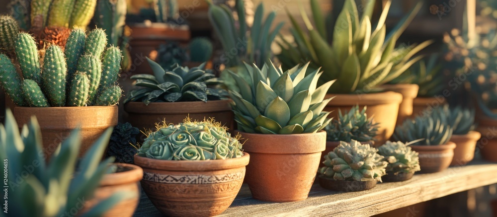 Tropical succulent plants in terracotta pots displayed in a garden shop showcasing a vibrant collection of cactuses and greenery close up. Tropical succulent plants in terracotta pots displayed in a garden shop showcasing a vibrant collection of cactuses and greenery close up.