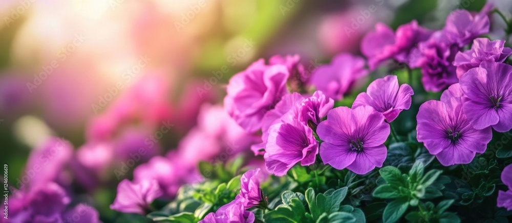 Vibrant blooming Geranium magnificum featuring clusters of purple flowers in a lush garden setting with soft sunlight highlighting the scene Vibrant blooming Geranium magnificum featuring clusters of purple flowers in a lush garden setting with soft sunlight highlighting the scene