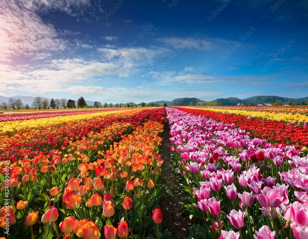 A vibrant tulip field in full bloom under bright blue skies, creating a dreamy and colorful spring landscape filled with rows of red, yellow, and pink tulips.
A vibrant tulip field in full bloom under bright blue skies, creating a dreamy and colorful spring landscape filled with rows of red, yellow, and pink tulips.
