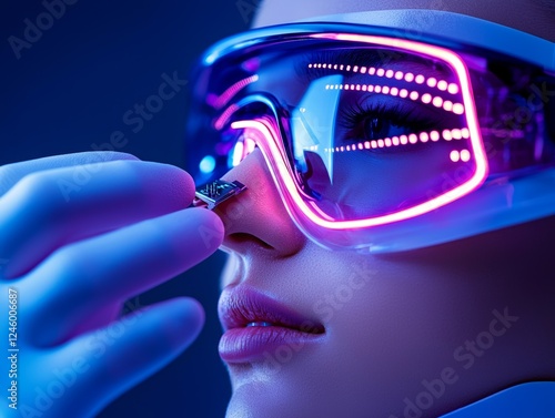 A close-up of a person in futuristic glasses, applying a small device to their nose, illuminated by vibrant neon lights. photo