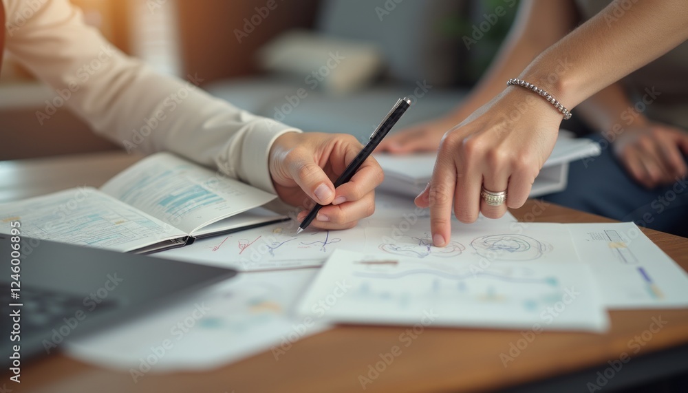 Two hands, one pointing and the other writing, engage in a dynamic brainstorming session over documents and a laptop. This image captures the essence of teamwork and creativity, highlighting the Two hands, one pointing and the other writing, engage in a dynamic brainstorming session over documents and a laptop. This image captures the essence of teamwork and creativity, highlighting the
