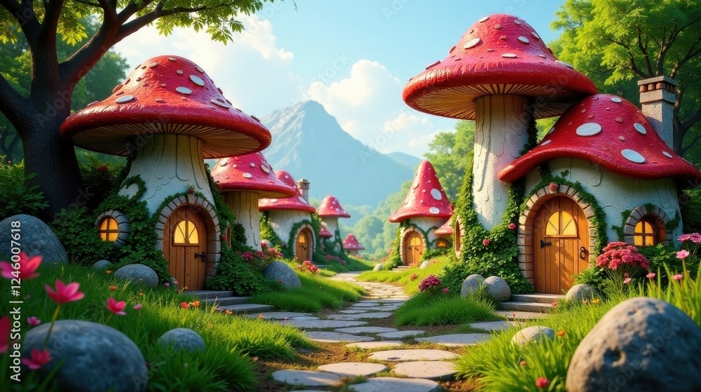 Obraz premium Enchanted Mushroom Village Path A whimsical journey through a quaint neighborhood of charming homes nestled amongst lush greenery and vibrant flowers, leading to a peaceful and serene landscape