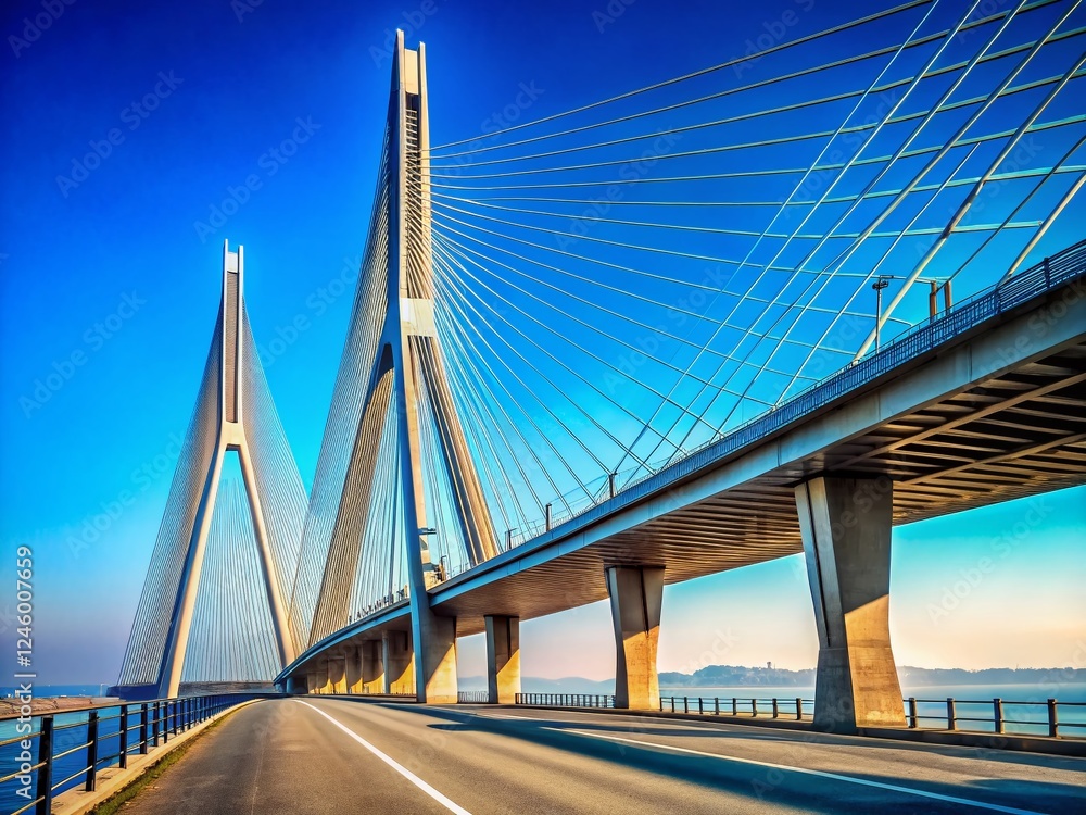 Modern Bridge Pylons Against Vibrant Blue Sky - Architectural Engineering Stock Photo Modern Bridge Pylons Against Vibrant Blue Sky - Architectural Engineering Stock Photo