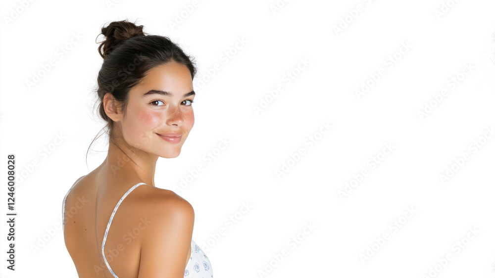 French woman wearing a white dress with a rose pattern smiling isolated French woman wearing a white dress with a rose pattern smiling isolated