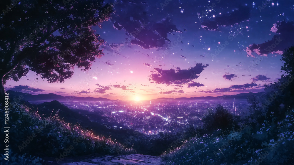 Chill Lo-fi Vibes with Night Skyline and Purple Hues Manga and Anime Inspirations. lo-fi vibes, night skyline, chill purple shares, manga, anime Chill Lo-fi Vibes with Night Skyline and Purple Hues Manga and Anime Inspirations. lo-fi vibes, night skyline, chill purple shares, manga, anime