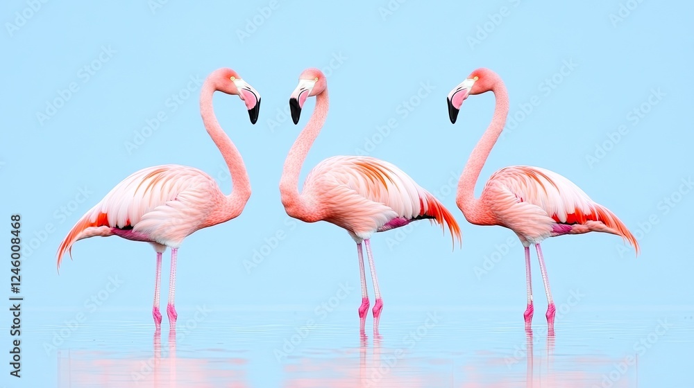 Three vibrant flamingos standing gracefully in shallow water against a serene blue backdrop Three vibrant flamingos standing gracefully in shallow water against a serene blue backdrop