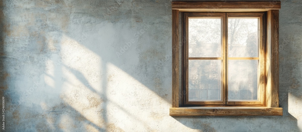 Fototapeta premium Rustic modern wall with wooden window casting shadows and empty space for text in a serene architectural design setting.