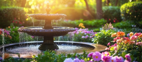 Fototapeta Naklejka Na Ścianę i Meble -  Serene fountain surrounded by vibrant blooming flowers in a lush garden bathed in warm sunlight.