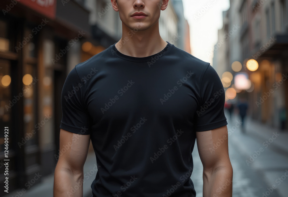 Young Male Model Wearing Black T-Shirt, Casual Shirt Mockup Template for Design. Young Male Model Wearing Black T-Shirt, Casual Shirt Mockup Template for Design.