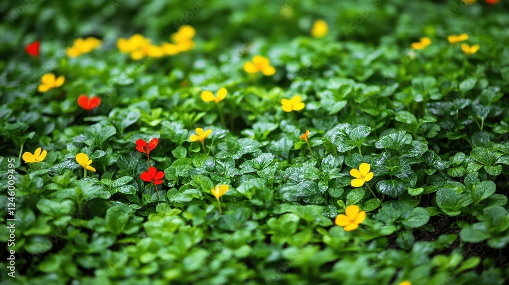 Vibrant Red, Yellow, and Green Flowers in a Lush Garden Landscape Vibrant Red, Yellow, and Green Flowers in a Lush Garden Landscape
