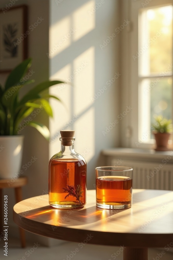 Golden Hour Infusion A Glass and Bottle of Amber Liquid with Botanicals on a Sunny Table Golden Hour Infusion A Glass and Bottle of Amber Liquid with Botanicals on a Sunny Table