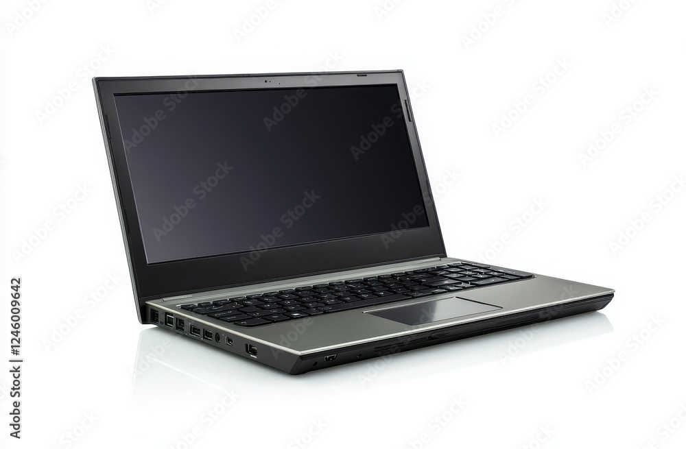 Silver laptop, open screen, white background, studio shot, web design Silver laptop, open screen, white background, studio shot, web design