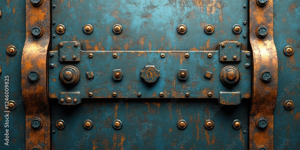Fototapeta premium Close-up of Steampunk Metallic Plate with Rivets and Industrial Texture