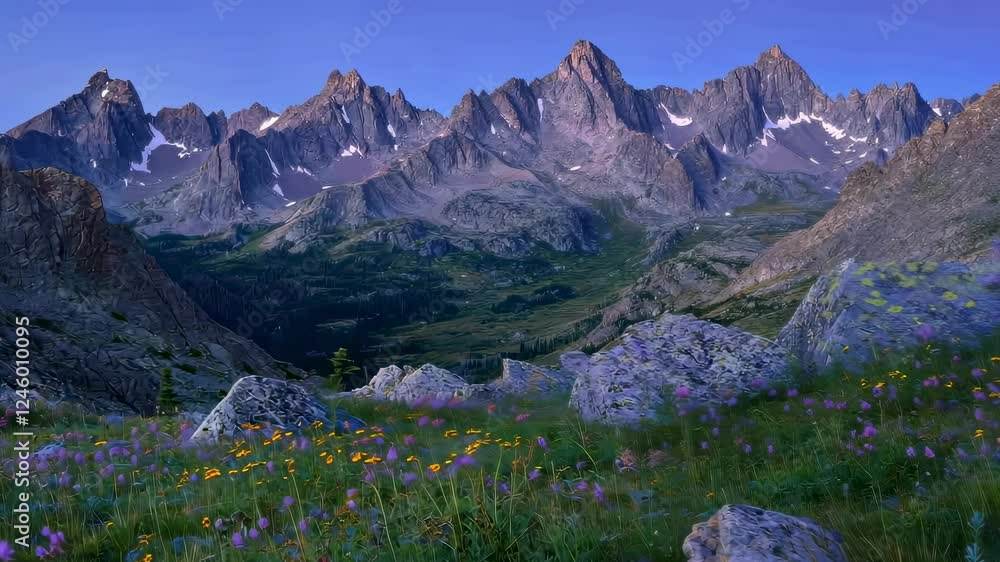 A mountain panorama at twilight. Swaying wildflowers in the foreground and jagged rocks on a lilac night sky background. A mountain panorama at twilight. Swaying wildflowers in the foreground and jagged rocks on a lilac night sky background.