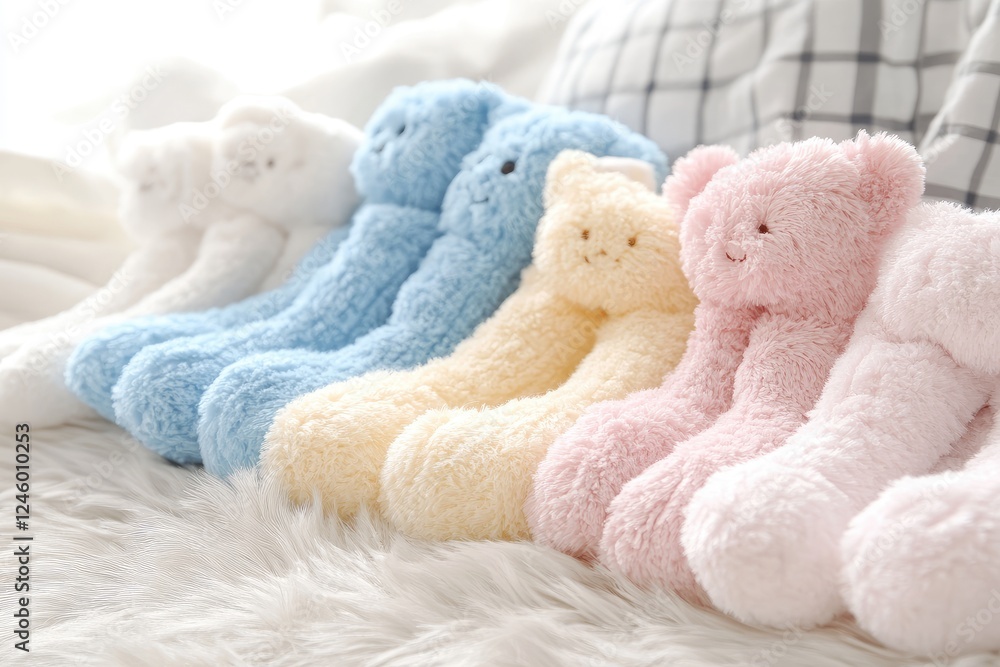 Pastel colored plush teddy bears resting on a fluffy surface Pastel colored plush teddy bears resting on a fluffy surface