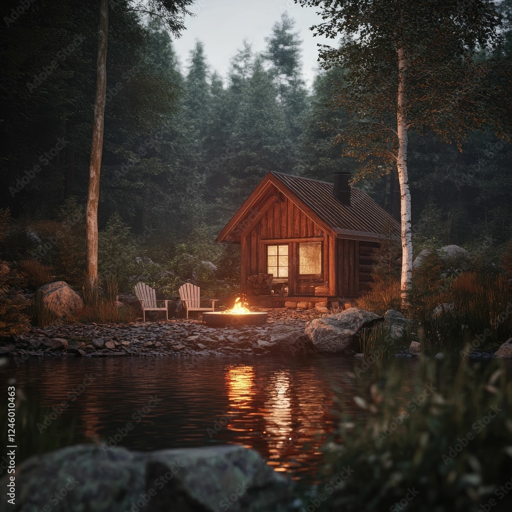 Fototapeta premium Secluded cabin, fire, lake, forest, evening.