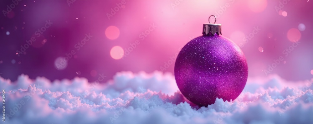 Fototapeta premium Glittering purple Christmas ball suspended mid-air amidst soft pink fog, winter, ambiance, glitter