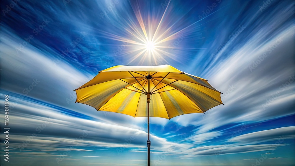 Long exposure captures a gray-yellow beach umbrella, a sun shelter silhouetted against a vibrant blue sky. Long exposure captures a gray-yellow beach umbrella, a sun shelter silhouetted against a vibrant blue sky.