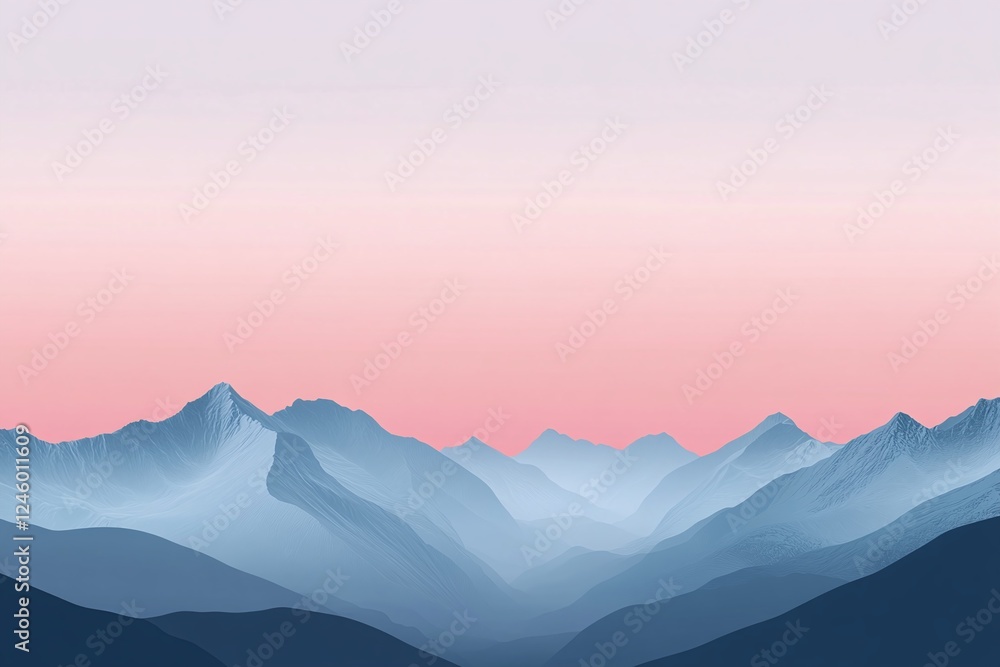Fototapeta premium Serene Blue Mountain Ranges Against Soft Pink Sky in Minimalist Landscape at Sunrise